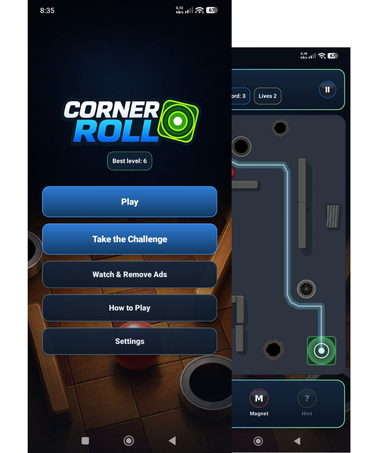 Corner Roll start screen and board on a phone