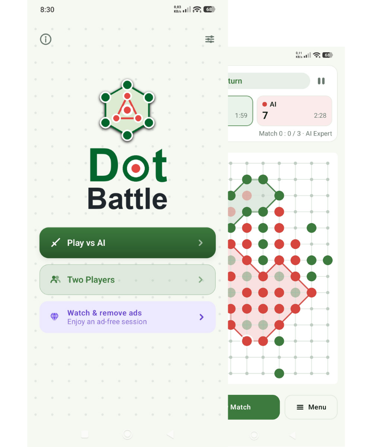 DotBattle start screen and gameplay on a phone