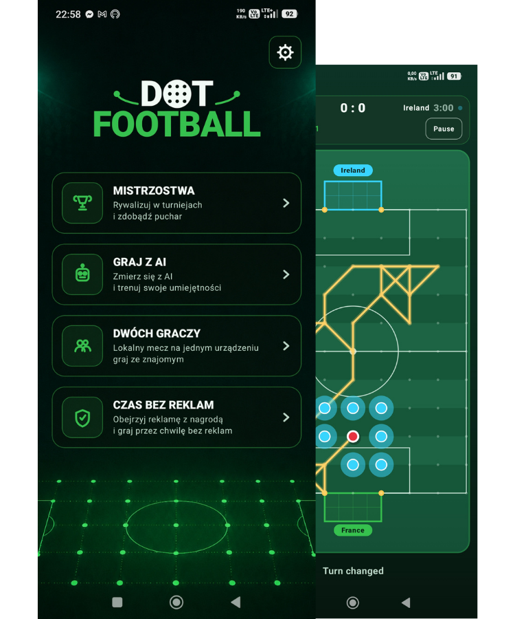 DotFootball start screen and match on a phone