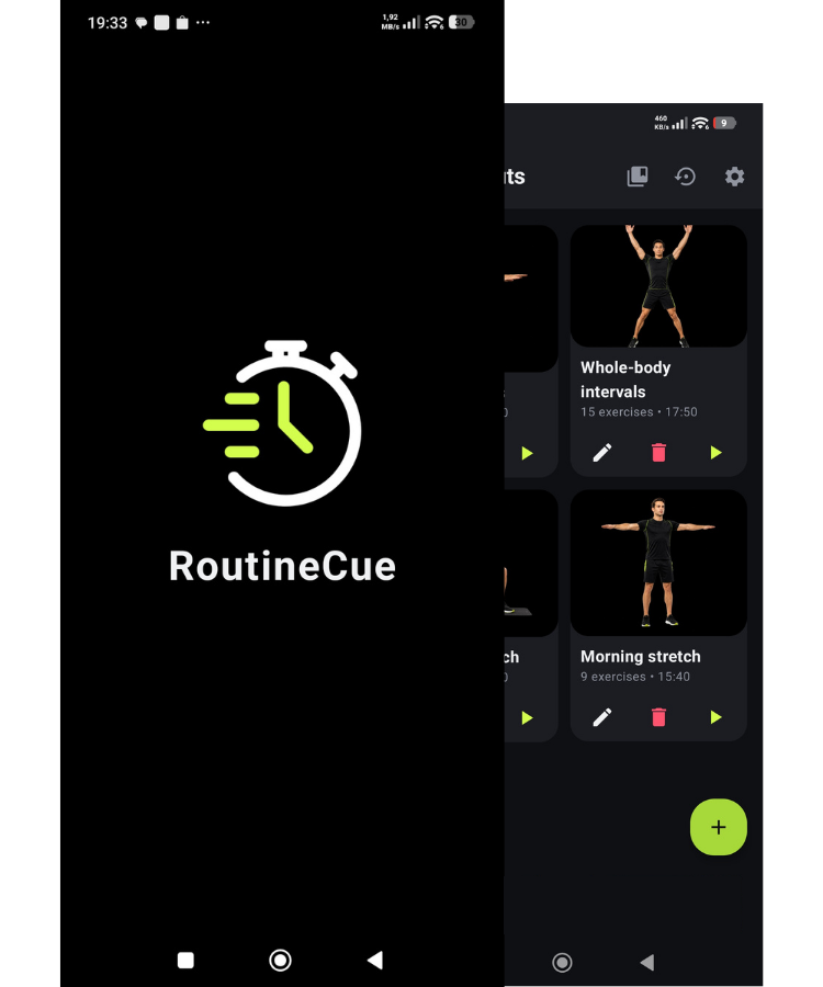 RoutineCue home screen and workout list on a phone