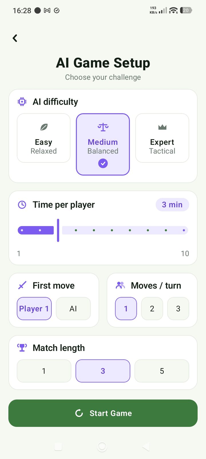 AI duel settings – difficulty level and time