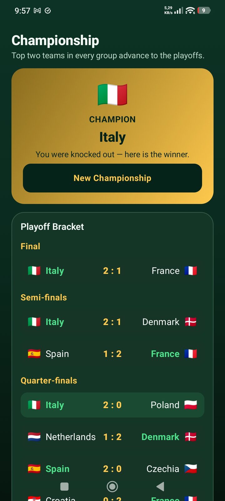 Championship mode – bracket and tournament champion