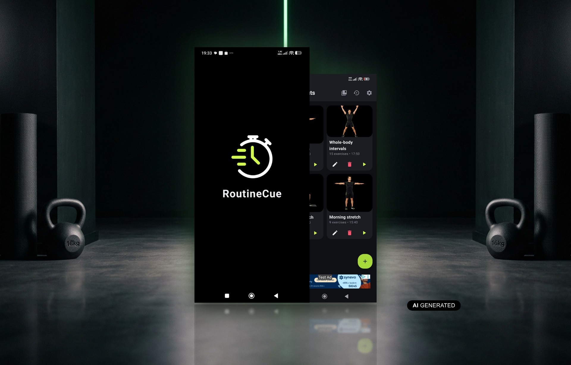 RoutineCue app screens over a symmetrical, dark training studio split by a green line of light into a left and right side