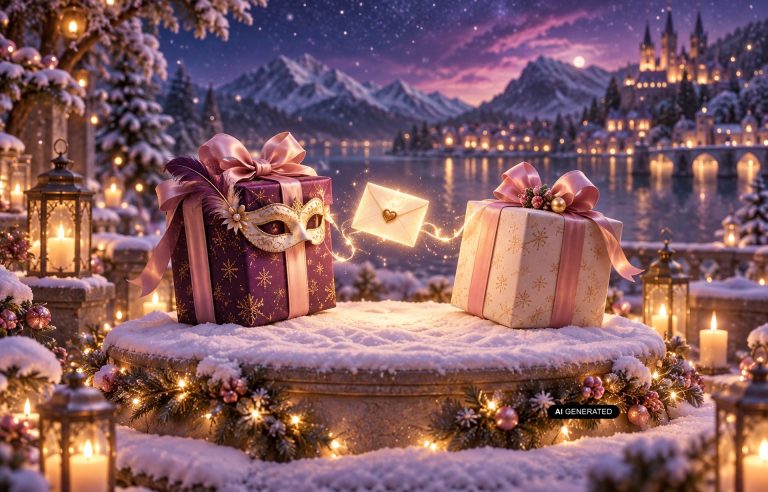 Two wrapped gifts on a snowy platform, one wearing a carnival mask, with a glowing envelope between them – illustration of anonymous chat in a Secret Santa draw