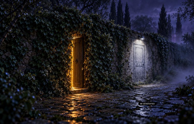A hidden door in an ivy-covered wall with warm light in the gap, next to a painted decoy door under a lamp