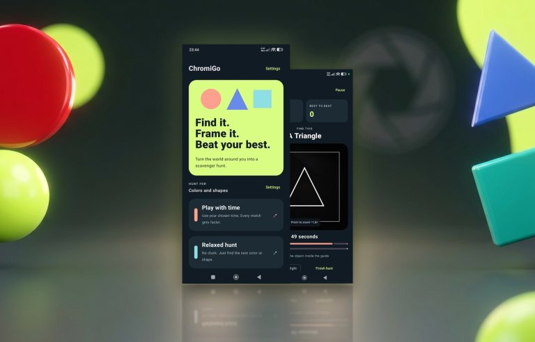 ChromiGo game screens showing a target to find against colorful shapes – a circle, triangle, and cube in a lime glow