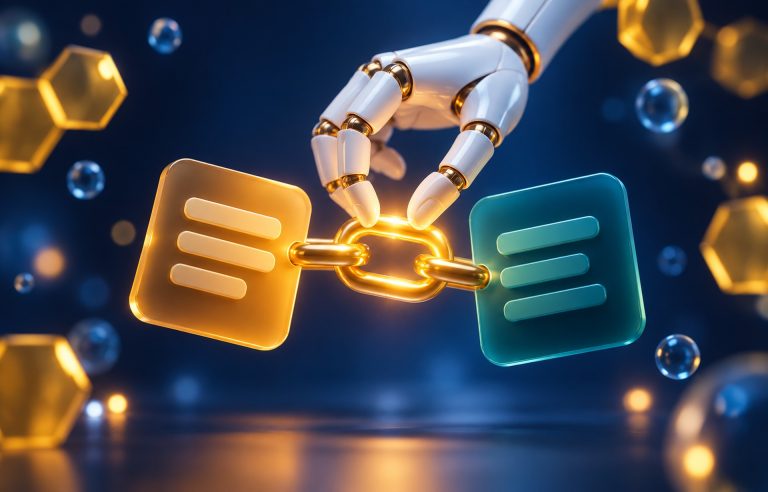 A robot hand joins two page cards with a golden chain link on a navy background – the AI connector links pages internally