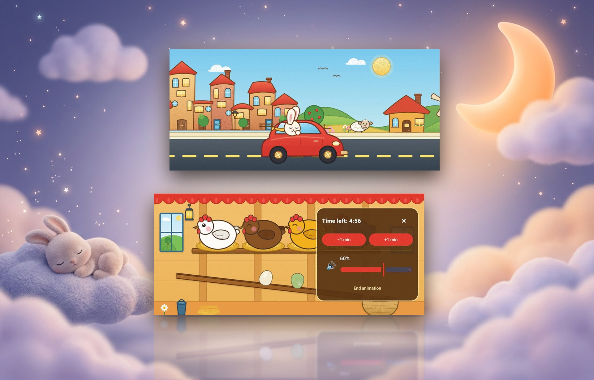 Nimulo app screens with storybook animations against a night sky with the moon, pastel clouds, and a sleeping bunny