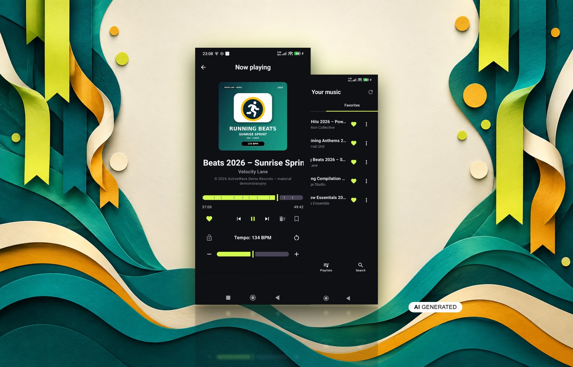TempoCue app screens against teal paper-cut waves with lime bookmark ribbons