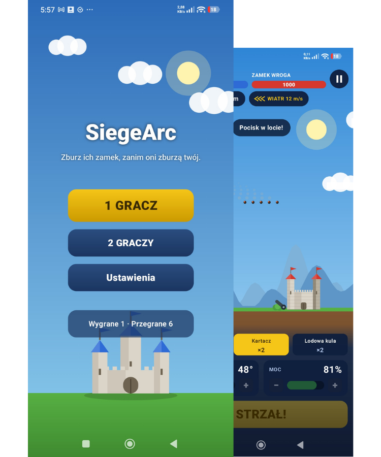 Ekran startowy i pojedynek zamków SiegeArc na telefonie