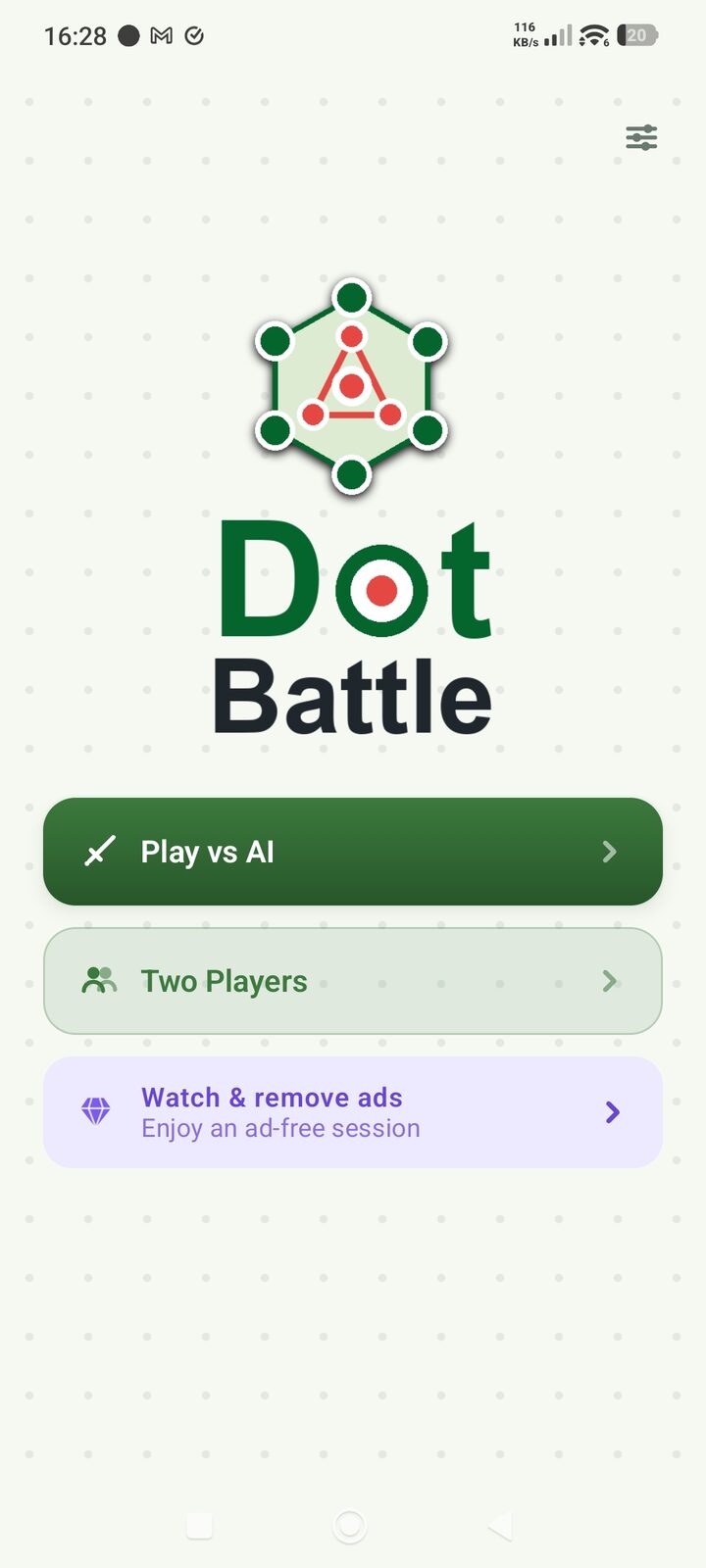 Ekran startowy DotBattle z wyborem trybu gry