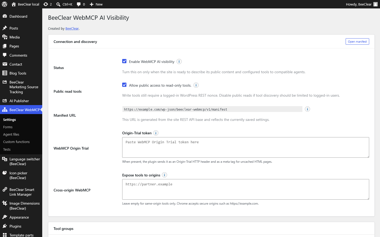 Ekran ustawień WebMCP AI Visibility — sekcja połączeń i wykrywania z manifestem i tokenem Origin Trial